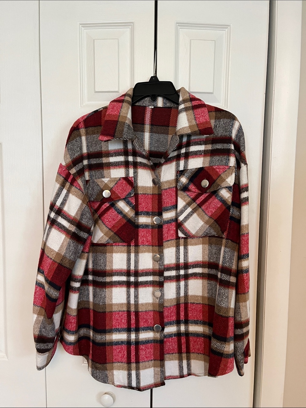 Plaid Button-Down Shirt Jacket in Red, Brown and Cream